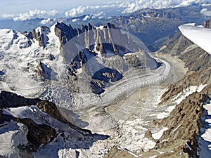 Mer de Glace, Mont Blanc Mountain. Aerial View from glider. Italian Alps