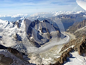 Mer de Glace, Mont Blanc Mountain. Aerial View from glider. Italian Alps