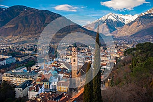 Merano city centre aerial panoramic view. Merano or Meran is a town in South Tyrol in northern Italy.