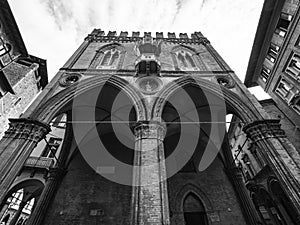 Mercanti`s palace in Bologna in black and white photo