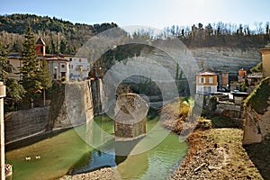 Mercato Saraceno, Forli-Cesena, Emilia-Romagna, Italy: landscape of the town with the remains of the ancient bridge  photo