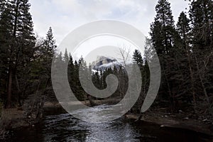 Merced River Flowing Through Trees With Halfdome In Background photo