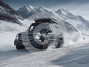 Mercedes drifts on an ice road in mountainous areas
