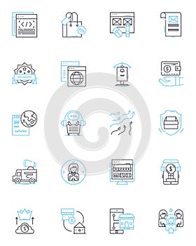 Merchandise market linear icons set. Kiosks, Souvenirs, Gifts, Vendors, Booths, Crafts, Memorabilia line vector and