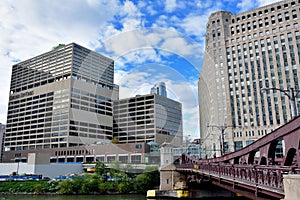 Merchandise Mart and sun-times building by Chicago river