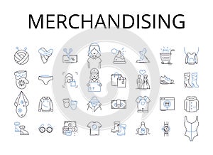 Merchandising line icons collection. Retailing, Selling, Marketing, Advertising, Showcasing, Displaying, Exhibiting