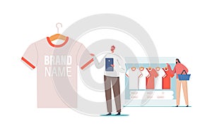 Merchandising, Tiny Male Character with Huge Promotional Product for Brand Identity. Man with T-Shirt, with Company Logo