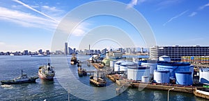 Port activity in Tokyo , Japan. with Mount Fuji in the background