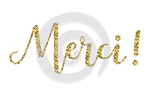 `Merci` hand-lettered gold glitter card