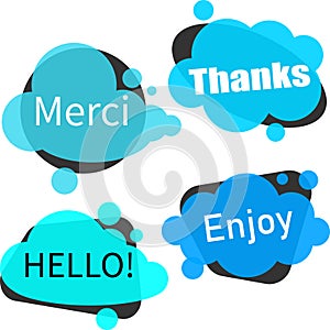Merci, hello, thanks and enjoy clouds isolated on white.
