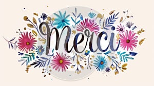 Merci - Thank you in French language. Modern calligraphy lettering text on beautiful background with floral elements