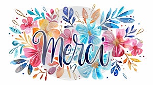 Merci - Thank you in French language. Modern calligraphy lettering text on beautiful background with floral elements