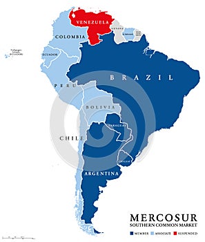 MERCOSUR countries map with suspended Venezuela