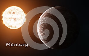 Mercury against background of Sun. Solar system. Abstract science fiction. Elements of the image are furnished by NASA