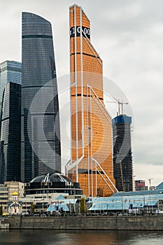 The `Mercury City` and the `Federation` towers of the Moscow International Business Centre on the Moscow river embankment. Russia.