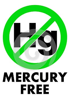Mercury free icon. Letters Hg chemical symbol in green crossed