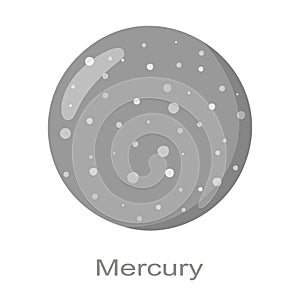 Mercury planet icon with name isolated on white background. Smallest planet in Solar system. True color. Universe