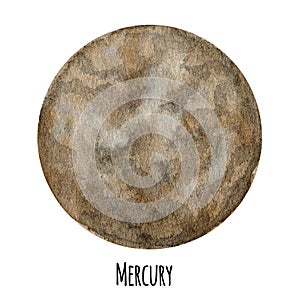 Mercury Planet of the Solar System watercolor isolated illustration on white background. Outer Space planet hand drawn photo