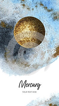 Mercury planet vertical banner watercolor hand drawn illustration with watercolor splash backgroundon white.