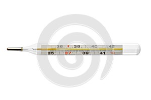 Mercury thermometer with celsius scale. Medical device for measuring body temperature. Isolated on white background. Top view
