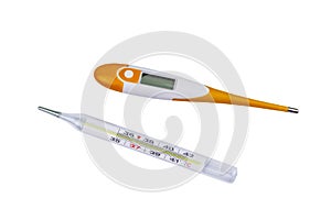 Mercury thermometer and digital thermometer isolated on white background