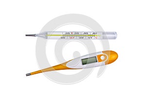 Mercury thermometer and digital thermometer isolated on white background