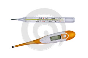 Mercury thermometer and digital thermometer isolated on white background