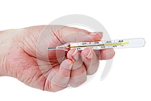 Mercury thermometer in hand isolated. High temperature