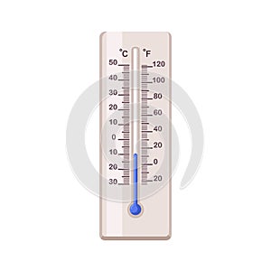 Mercury thermometer with low temperature, cold weather. Celsius and Fahrenheit tool for degrees measurement. Analog