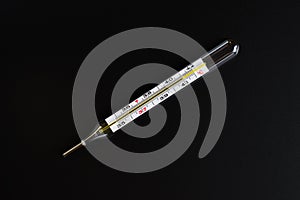 Mercury thermometer and pills on a black background