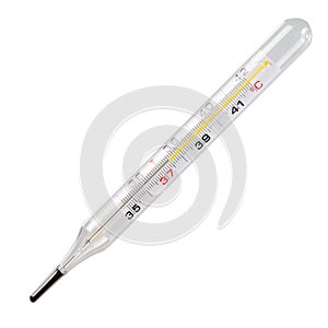 Mercury thermometer showing high temperature. Isolate in white background