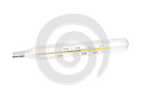 mercury thermometer shows fever, elevated body temperature isolated on white with shadow