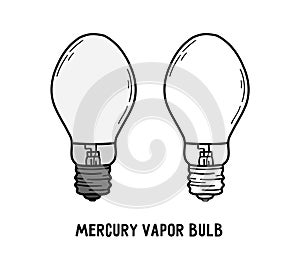 Mercury vapor light bulb, energy saving gas-discharge lamp icon in linear doodle style