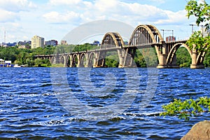 The beautiful arched bridge,Merefo-Kherson bridge in Dnipropetrovsk. Ukraine.
