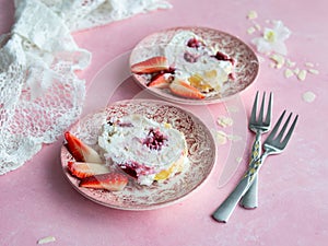 Merengo strawberry diet roll on pink background. Tea drinking. Healthy food, no sugar, no wheat flour. Top view, close