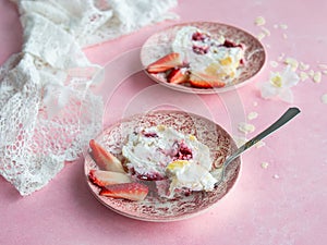 Merengo strawberry diet roll on pink background. Tea drinking. Healthy food, no sugar, no wheat flour. Top view, close