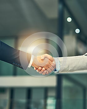 Merge and make it happen. two businessmen shaking hands in a modern office.