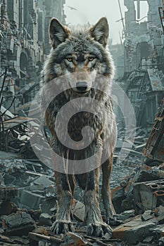 Merge wildlife photography elements like a lone wolf amidst mechanical ruins