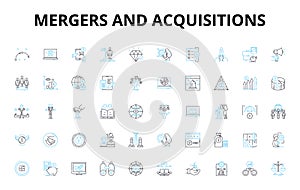 Mergers and acquisitions linear icons set. Consolidation, Integration, Synergy, Dilution, Takeover, Amalgamation, Buyout