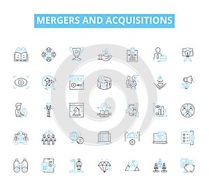 Mergers and acquisitions linear icons set. Consolidation, Integration, Synergy, Dilution, Takeover, Amalgamation, Buyout