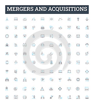 Mergers and acquisitions vector line icons set. Mergers, Acquisitions, Consolidation, Buyouts, Merging, Hostile