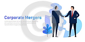 Mergers corporate and acquisitions. Two company acquisition businessman handshake work together collaboration