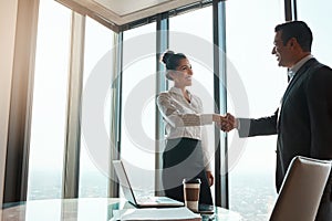 Merging to put bigger and better plans in motion. two businesspeople shaking hands in an office.