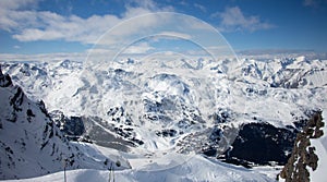 Meribel mottaret valley view sun snowy mountain landscape France alpes 3 vallees