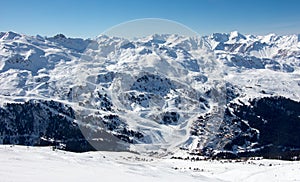 Meribel mottaret valley view sun snowy mountain landscape France alpes 3 vallees