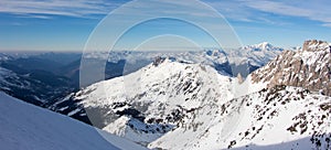 Meribel valley sunset view with Mont Blanc snowy mountain landscape France alpes