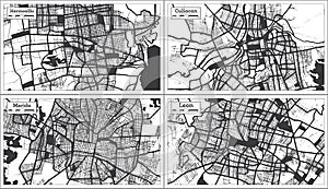 Merida, Culiacan, Leon and Hermosillo Mexico City Maps Set in Black and White Color in Retro Style photo