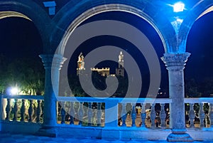 Merida San Ildefonso cathedral at night with blue backlight. Yucatan. Mexico