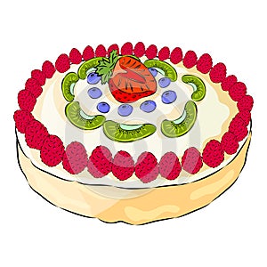 Meringue ake with raspberry, kiwi, strawberry, blueberry isolated on the white background. Flat style. Vector