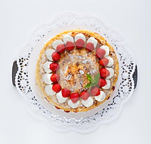 Meringue cake with strawberry yogurt isolated as Cut